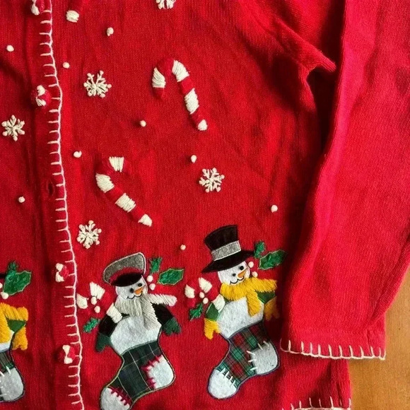VTG Victoria Jones Christmas Sweater Large Red Button Up Cardigan Snowman - Picture 3 of 11